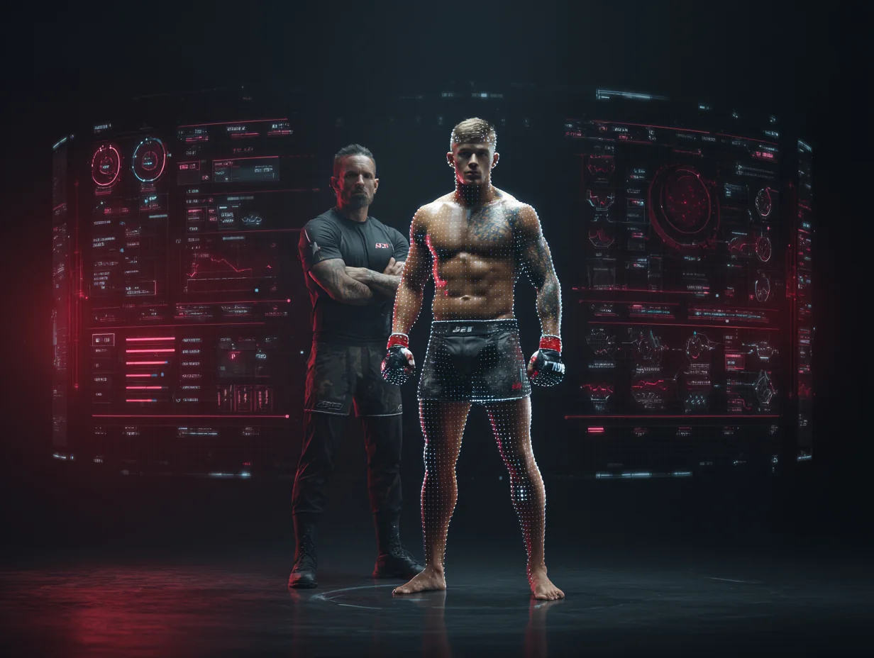 Coach and MMA fighter standing in front of digital fight-analysis screens