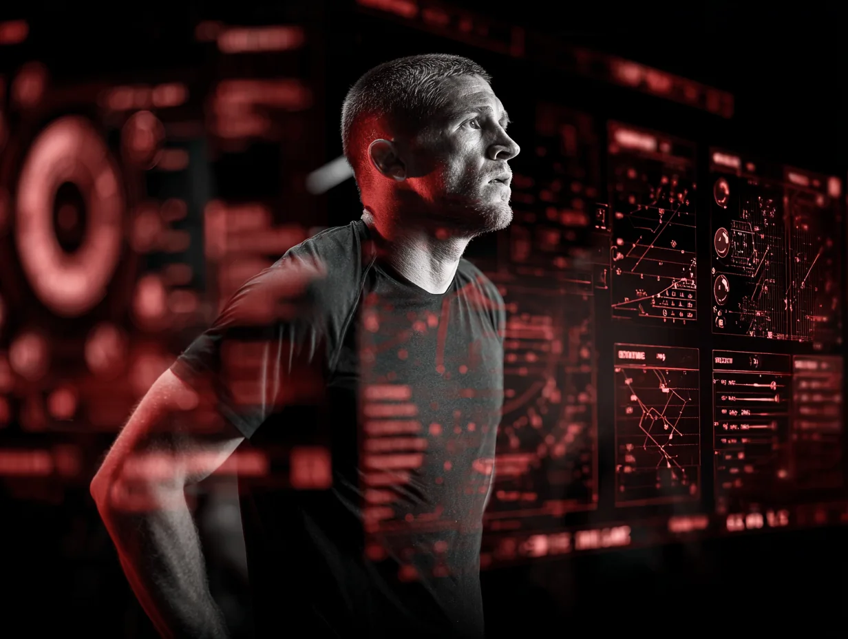 Coach reviewing fighter data across red digital analysis screens