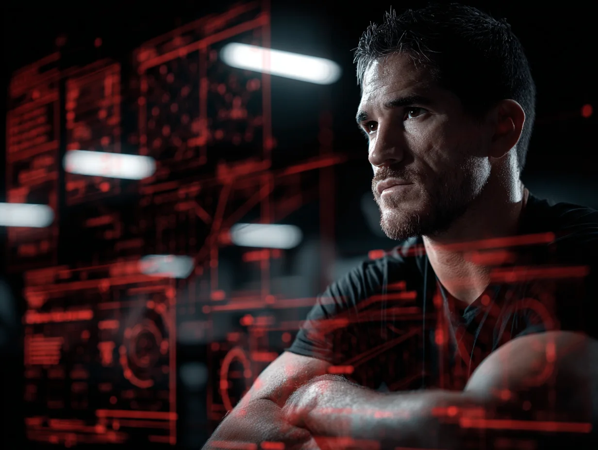 Fighter preparing with a red digital opponent-analysis display