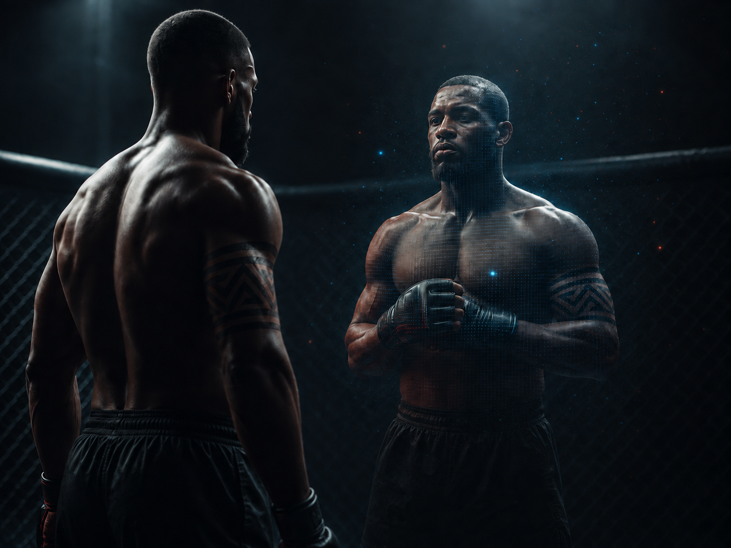 Fighter facing a digital version of himself in an MMA cage