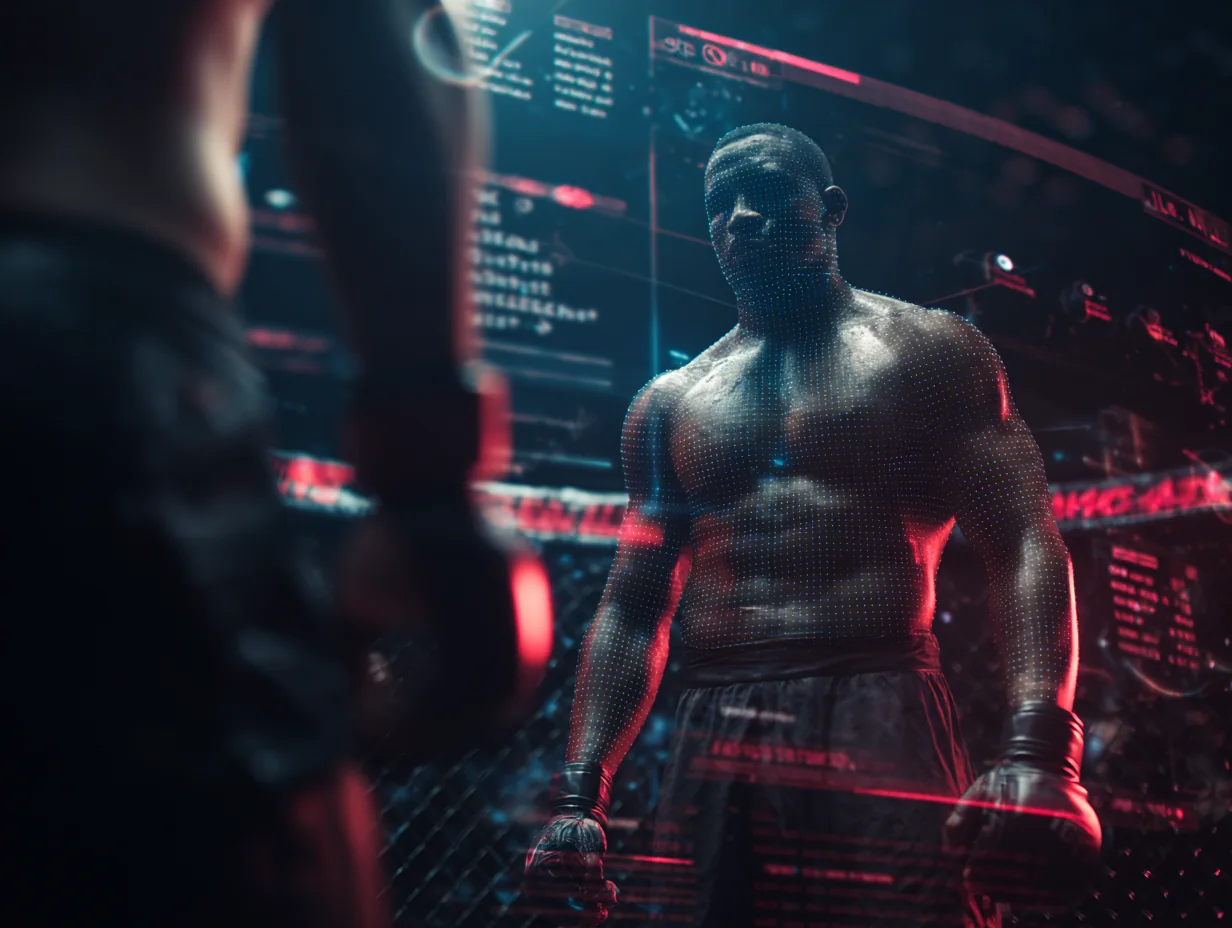 MMA fighter studying a data-rich digital opponent analysis
