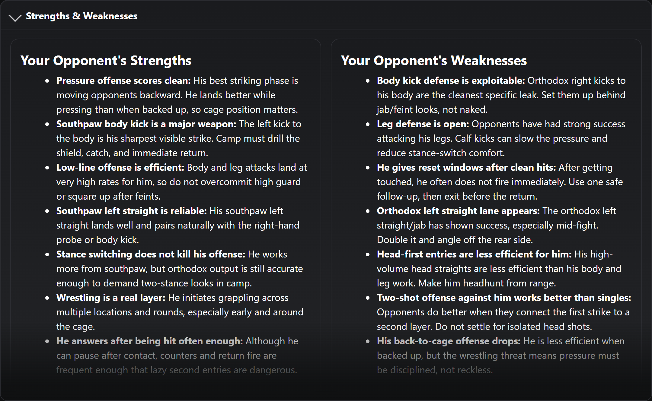 CombatAI report comparing opponent strengths, weaknesses, and coaching priorities